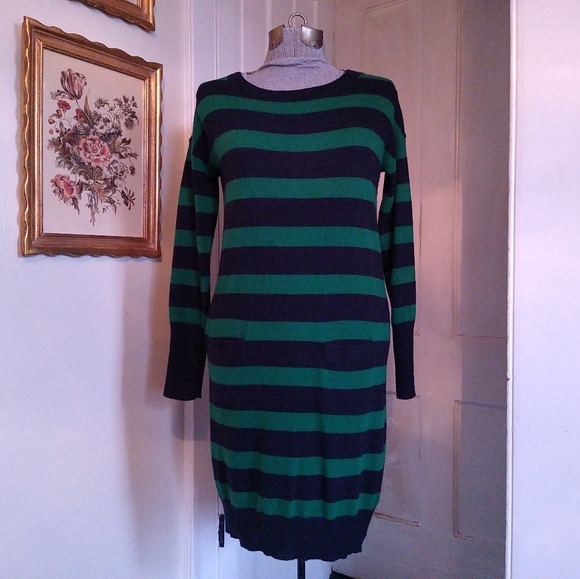 J. CREW Blue and Green Horizontal Striped Long Sleeve Sweater Dress - Picture 1 of 5